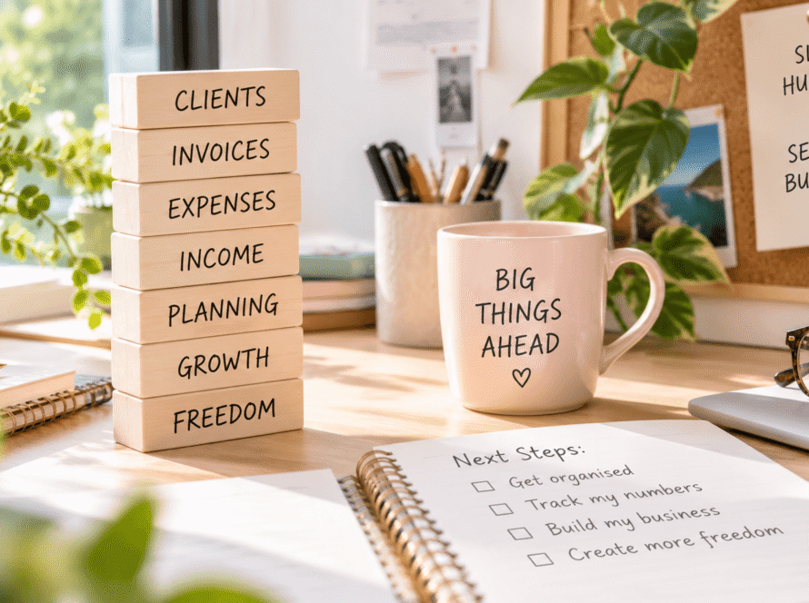 Organised workspace illustrating the journey from side hustle to serious business, with planning, income, expenses and business growth.